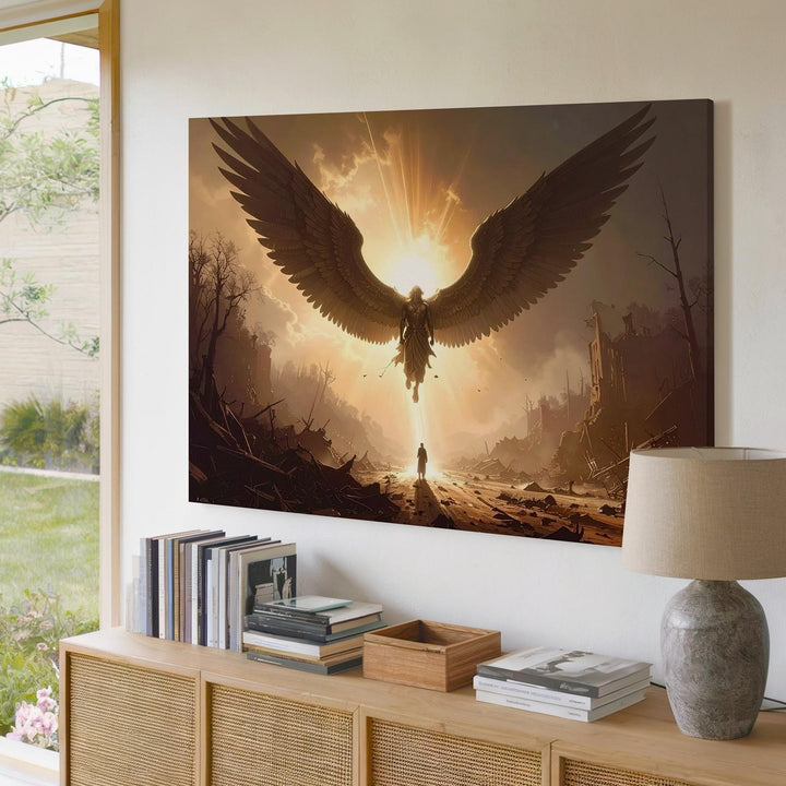 Descending Angel Canvas – Silhouetted Winged Messenger of Light - Gifitto