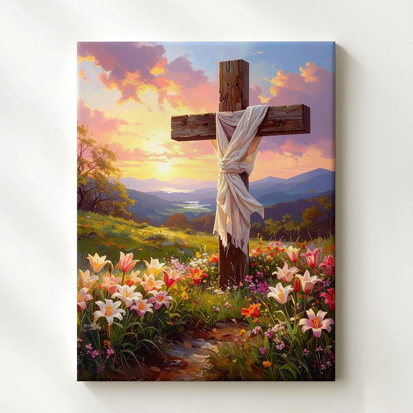 Wooden Cross with White Linen Canvas – Serene Christian Wall Art of Resurrection and Spring Renewal - Gifitto