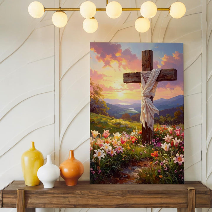 Wooden Cross with White Linen Canvas – Serene Christian Wall Art of Resurrection and Spring Renewal - Gifitto