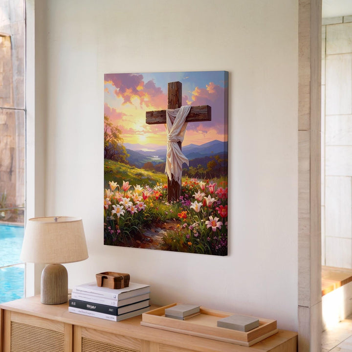 Wooden Cross with White Linen Canvas – Serene Christian Wall Art of Resurrection and Spring Renewal - Gifitto