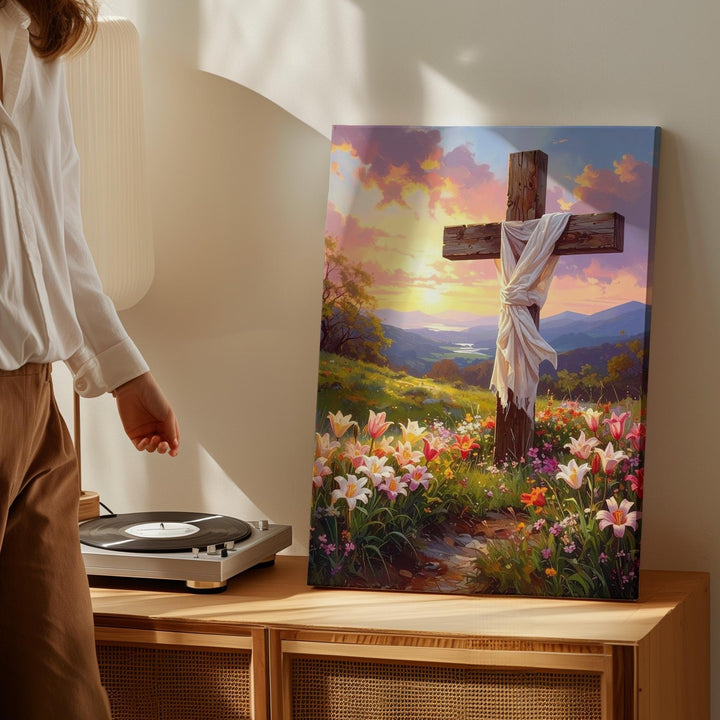 Wooden Cross with White Linen Canvas – Serene Christian Wall Art of Resurrection and Spring Renewal - Gifitto