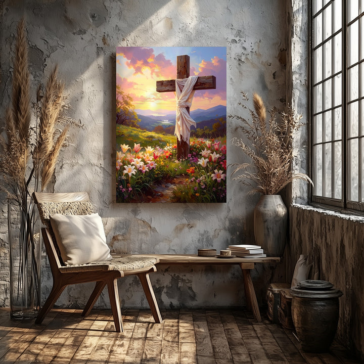 Wooden Cross with White Linen Canvas – Serene Christian Wall Art of Resurrection and Spring Renewal - Gifitto