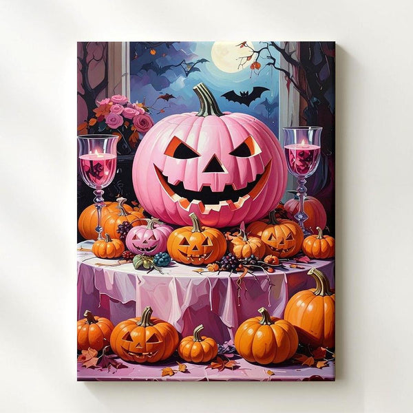 Elegant Halloween Table Canvas – Pink Jack-O’-Lantern Centerpiece Art - Gifitto