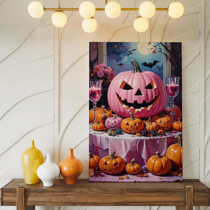 Elegant Halloween Table Canvas – Pink Jack-O’-Lantern Centerpiece Art - Gifitto