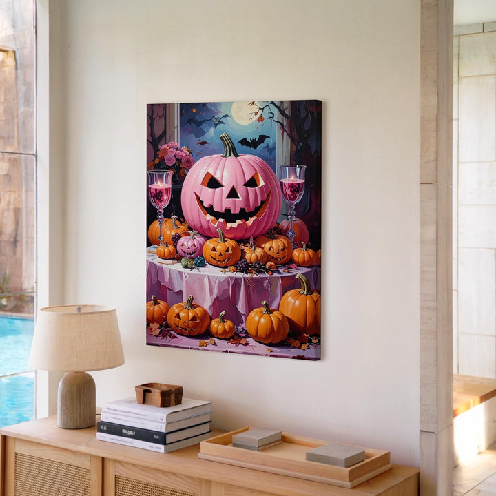 Elegant Halloween Table Canvas – Pink Jack-O’-Lantern Centerpiece Art - Gifitto
