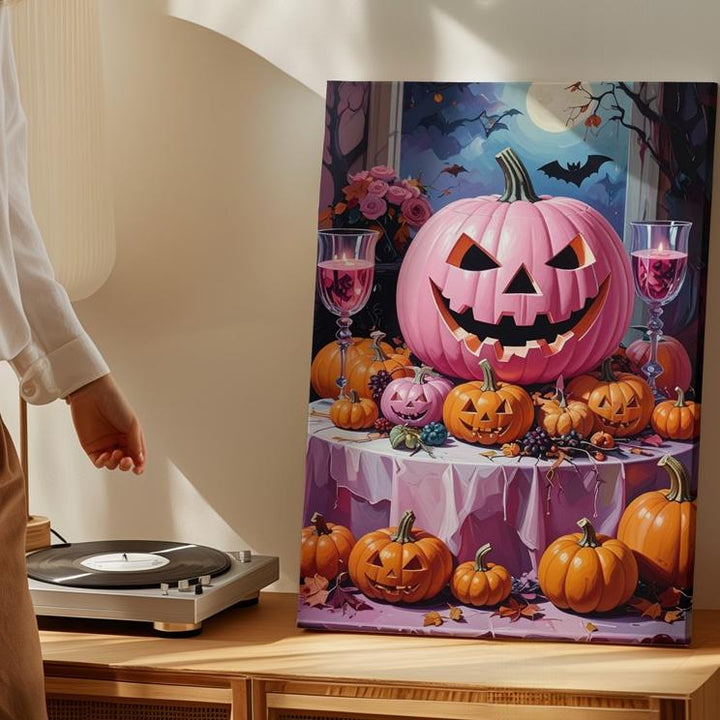 Elegant Halloween Table Canvas – Pink Jack-O’-Lantern Centerpiece Art - Gifitto