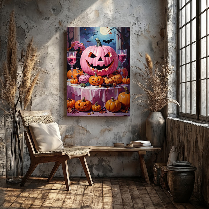 Elegant Halloween Table Canvas – Pink Jack-O’-Lantern Centerpiece Art - Gifitto