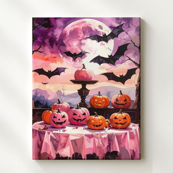 Theatrical Halloween Display Canvas – Pink & Orange Pumpkins with Moon Art - Gifitto