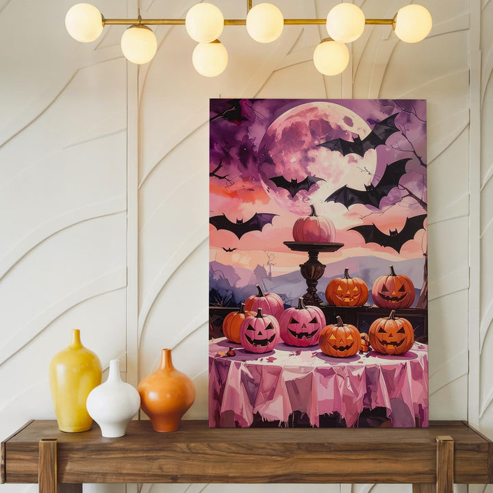 Theatrical Halloween Display Canvas – Pink & Orange Pumpkins with Moon Art - Gifitto