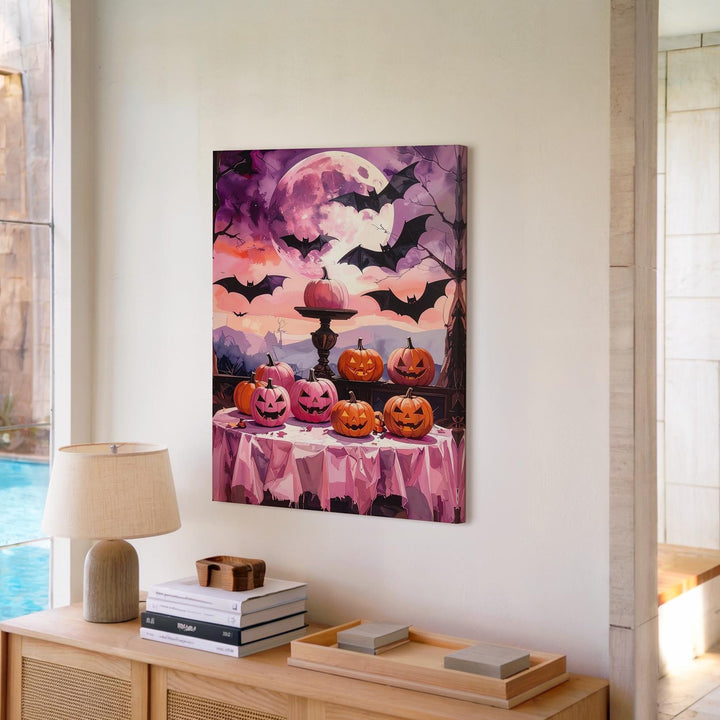 Theatrical Halloween Display Canvas – Pink & Orange Pumpkins with Moon Art - Gifitto