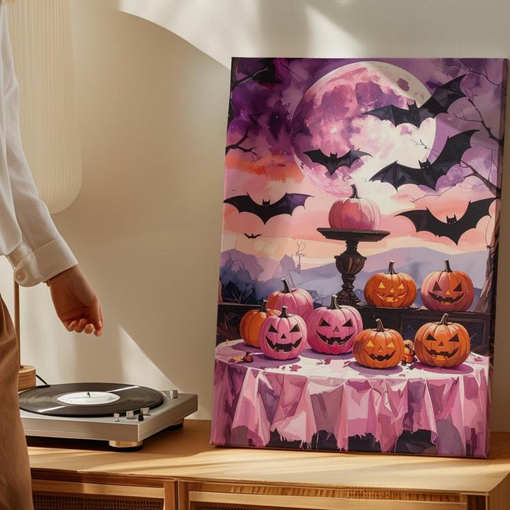 Theatrical Halloween Display Canvas – Pink & Orange Pumpkins with Moon Art - Gifitto
