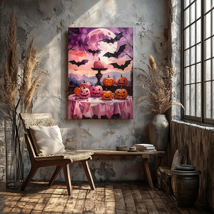 Theatrical Halloween Display Canvas – Pink & Orange Pumpkins with Moon Art - Gifitto