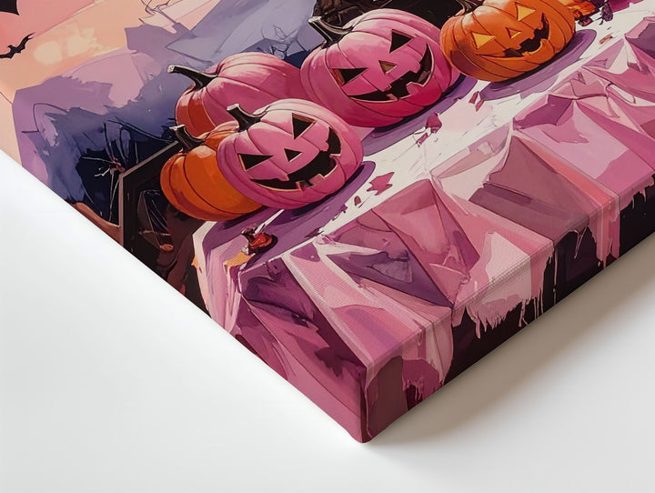 Theatrical Halloween Display Canvas – Pink & Orange Pumpkins with Moon Art - Gifitto