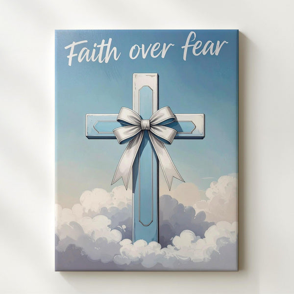 Light Blue Cross with Ribbon Canvas – Minimalist Christian Wall Art of Faith, Purity, and Hope - Gifitto