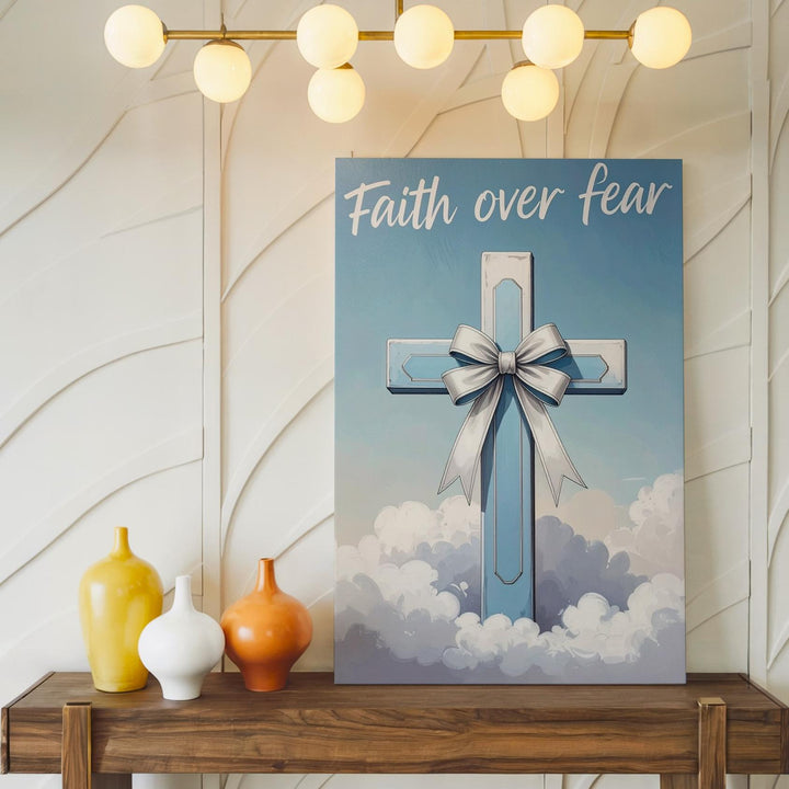 Light Blue Cross with Ribbon Canvas – Minimalist Christian Wall Art of Faith, Purity, and Hope - Gifitto