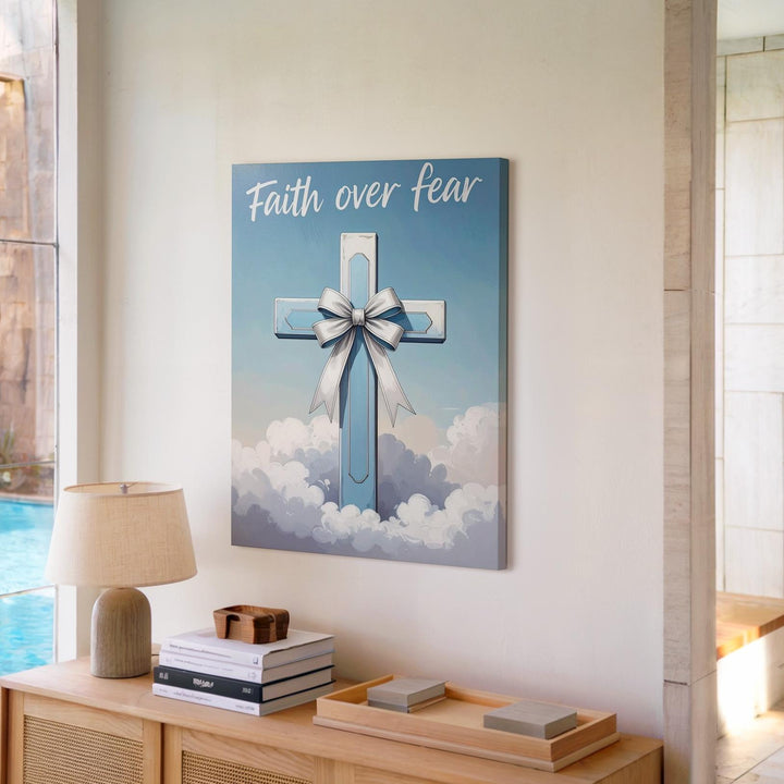 Light Blue Cross with Ribbon Canvas – Minimalist Christian Wall Art of Faith, Purity, and Hope - Gifitto