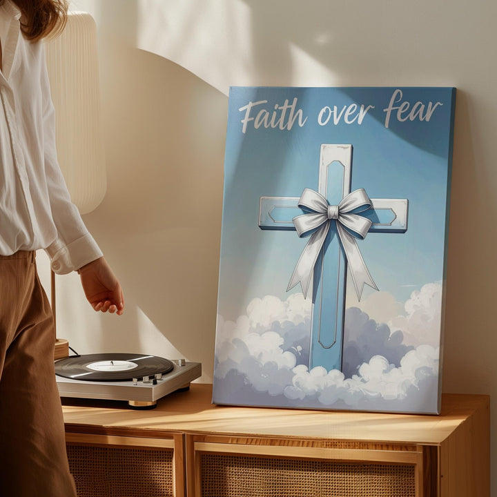 Light Blue Cross with Ribbon Canvas – Minimalist Christian Wall Art of Faith, Purity, and Hope - Gifitto
