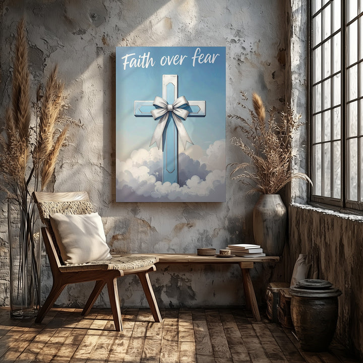 Light Blue Cross with Ribbon Canvas – Minimalist Christian Wall Art of Faith, Purity, and Hope - Gifitto
