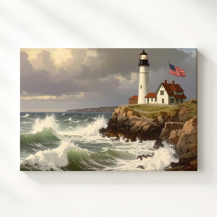 Stormy Lighthouse with Flag Canvas – Patriotic Maritime Strength Wall Art - Gifitto