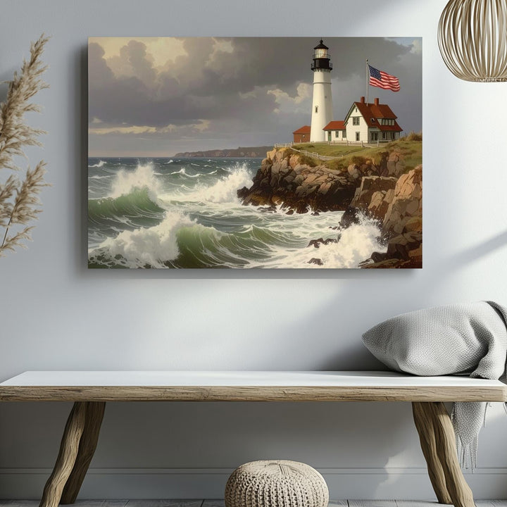 Stormy Lighthouse with Flag Canvas – Patriotic Maritime Strength Wall Art - Gifitto