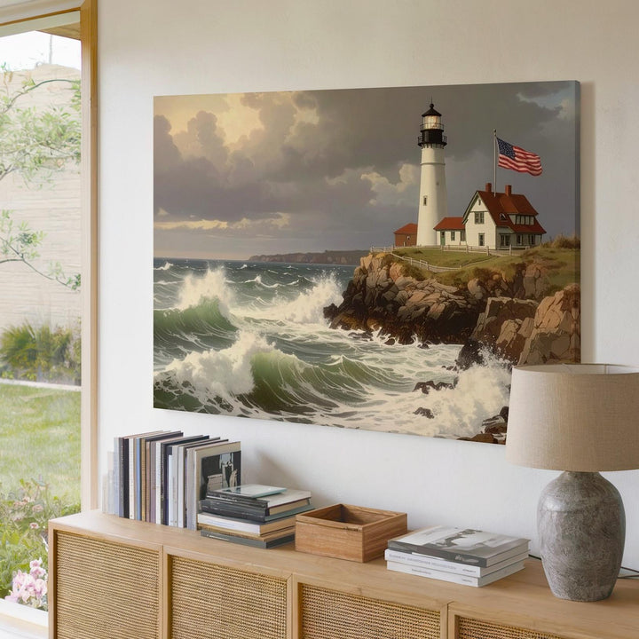 Stormy Lighthouse with Flag Canvas – Patriotic Maritime Strength Wall Art - Gifitto