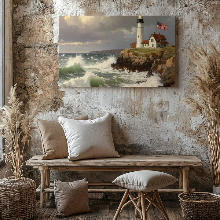 Stormy Lighthouse with Flag Canvas – Patriotic Maritime Strength Wall Art - Gifitto