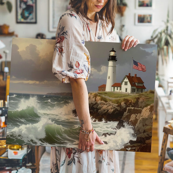Stormy Lighthouse with Flag Canvas – Patriotic Maritime Strength Wall Art - Gifitto