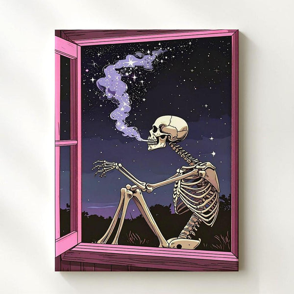 Star-Smoke Skeleton Canvas – Minimalist Pink Window Halloween Line Art - Gifitto