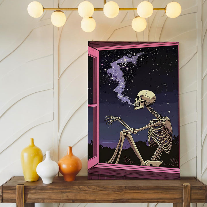 Star-Smoke Skeleton Canvas – Minimalist Pink Window Halloween Line Art - Gifitto