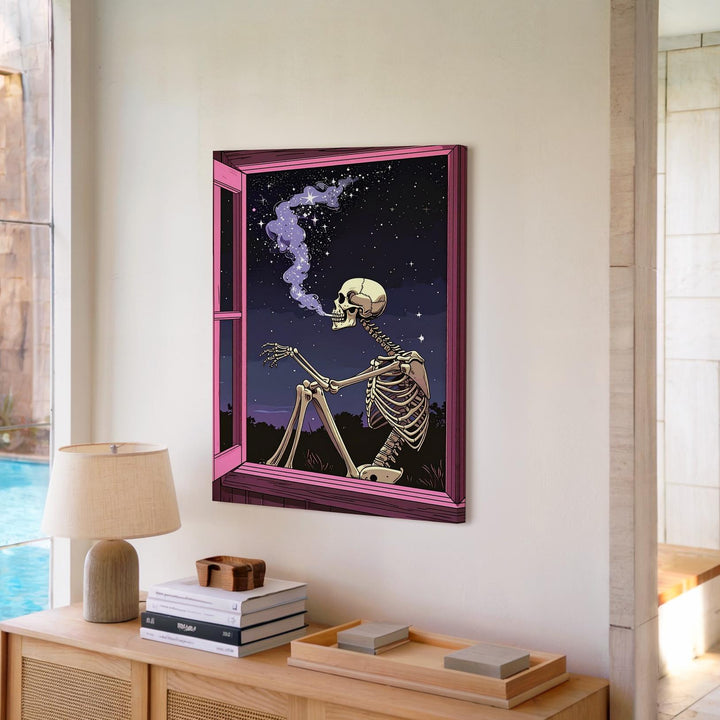 Star-Smoke Skeleton Canvas – Minimalist Pink Window Halloween Line Art - Gifitto