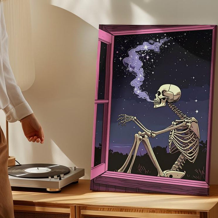 Star-Smoke Skeleton Canvas – Minimalist Pink Window Halloween Line Art - Gifitto