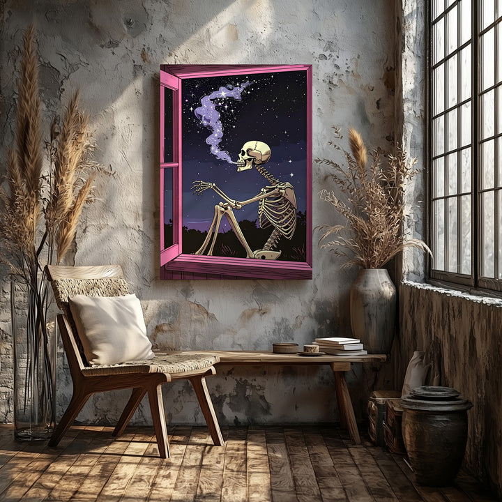 Star-Smoke Skeleton Canvas – Minimalist Pink Window Halloween Line Art - Gifitto