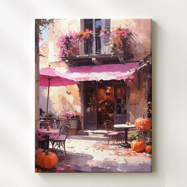 European Café Canvas – Pink Parasols & Autumn Pumpkin Charm - Gifitto