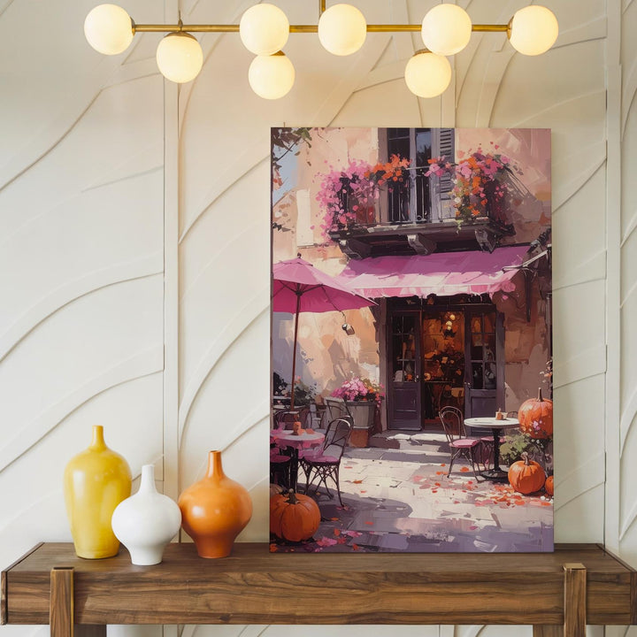 European Café Canvas – Pink Parasols & Autumn Pumpkin Charm - Gifitto