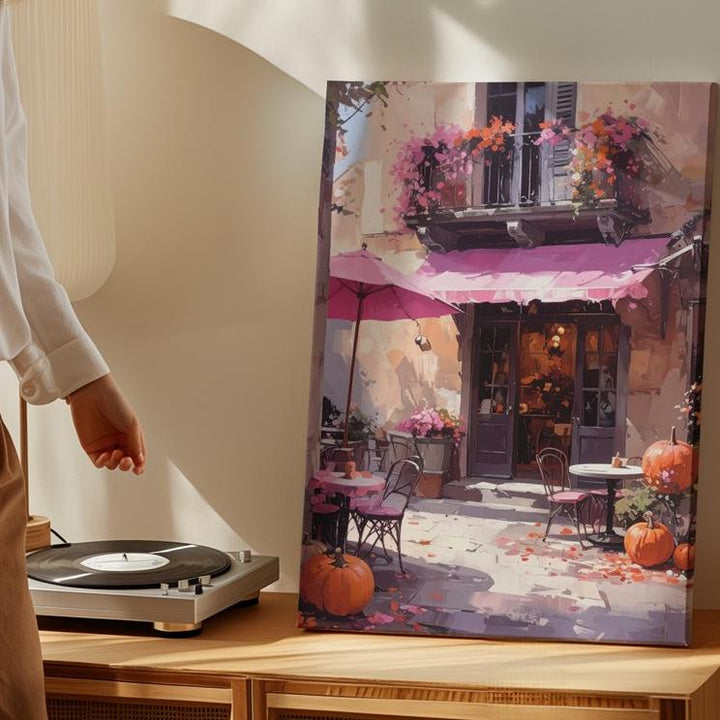 European Café Canvas – Pink Parasols & Autumn Pumpkin Charm - Gifitto