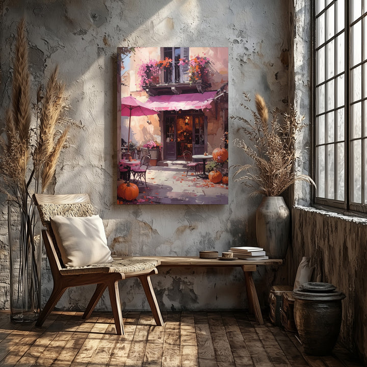 European Café Canvas – Pink Parasols & Autumn Pumpkin Charm - Gifitto