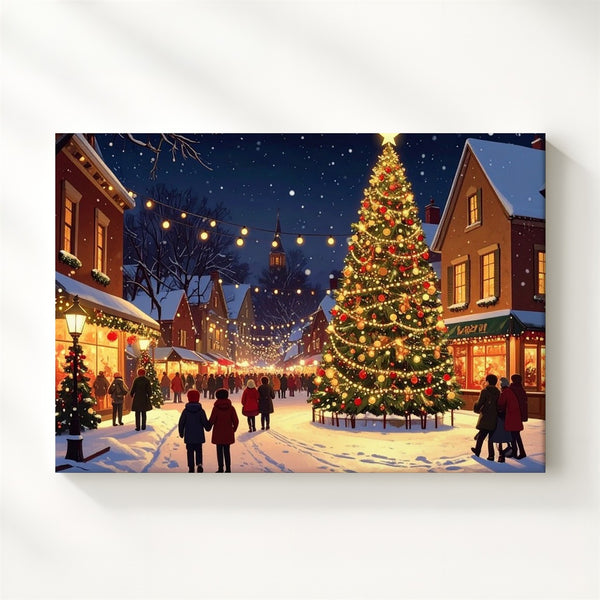 Festive Christmas Village Canvas – Lively Night Square with Lit Tree & Crowds - Gifitto