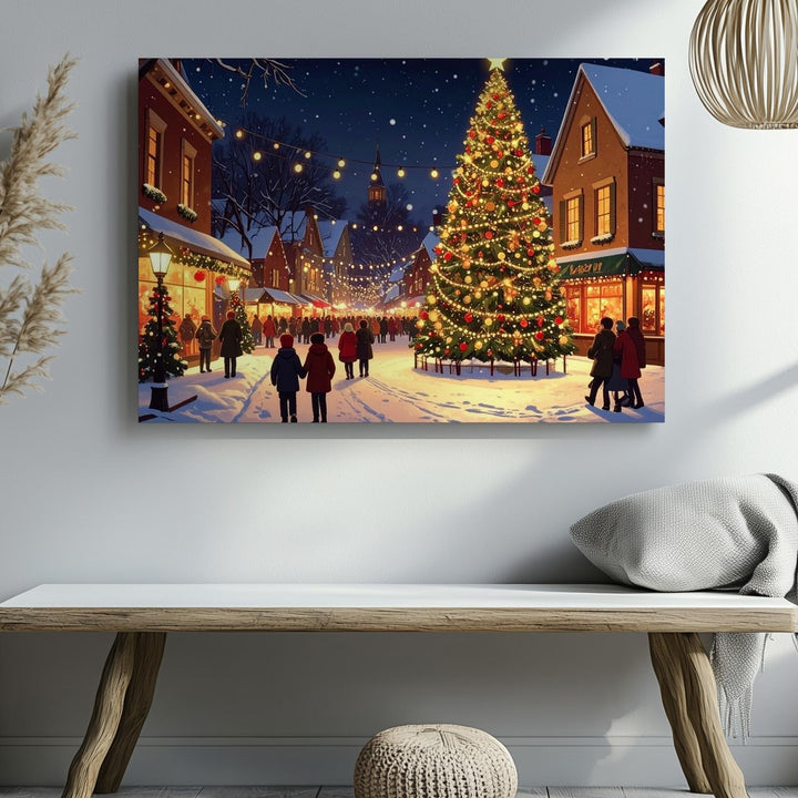 Festive Christmas Village Canvas – Lively Night Square with Lit Tree & Crowds - Gifitto