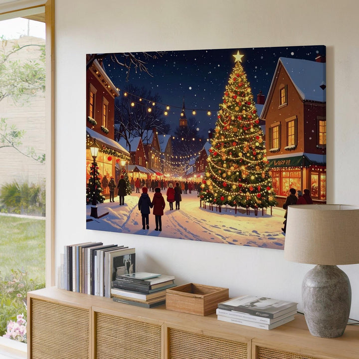 Festive Christmas Village Canvas – Lively Night Square with Lit Tree & Crowds - Gifitto