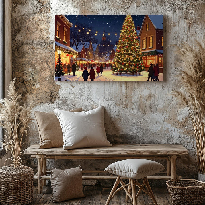Festive Christmas Village Canvas – Lively Night Square with Lit Tree & Crowds - Gifitto