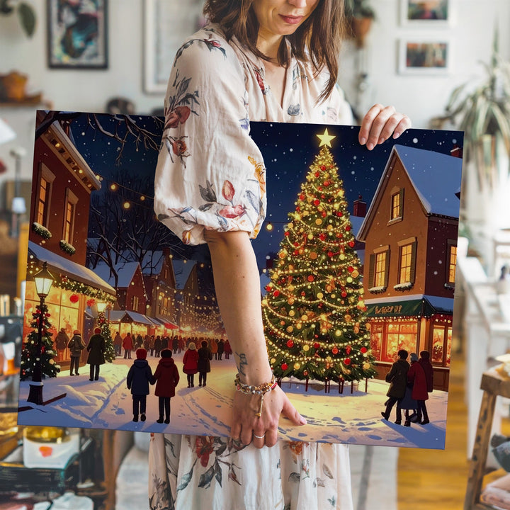 Festive Christmas Village Canvas – Lively Night Square with Lit Tree & Crowds - Gifitto