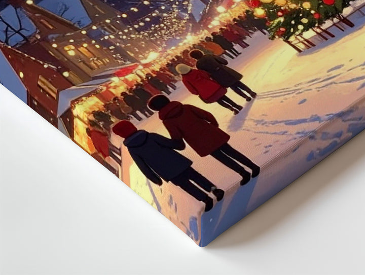 Festive Christmas Village Canvas – Lively Night Square with Lit Tree & Crowds - Gifitto