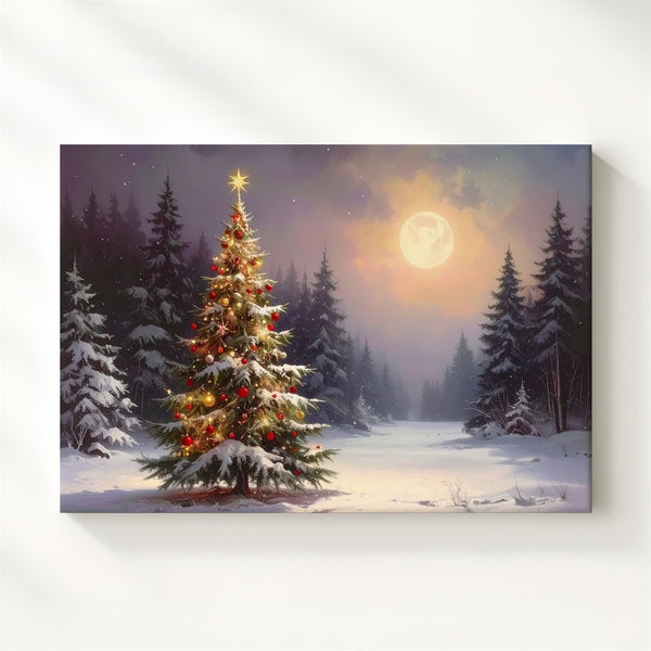 Lone Glowing Christmas Tree Canvas – Serene Winter Forest Art - Gifitto