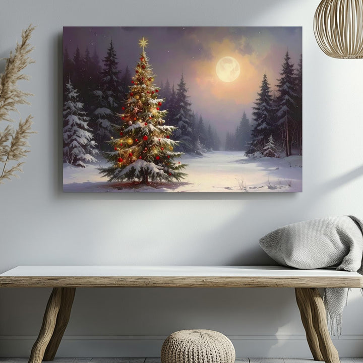 Lone Glowing Christmas Tree Canvas – Serene Winter Forest Art - Gifitto