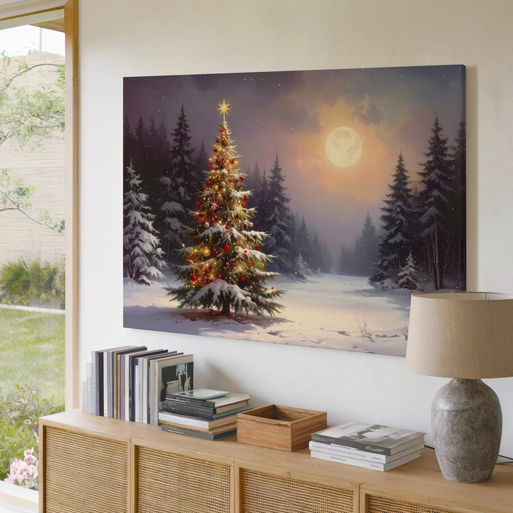 Lone Glowing Christmas Tree Canvas – Serene Winter Forest Art - Gifitto