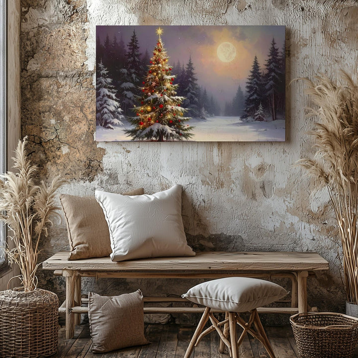 Lone Glowing Christmas Tree Canvas – Serene Winter Forest Art - Gifitto