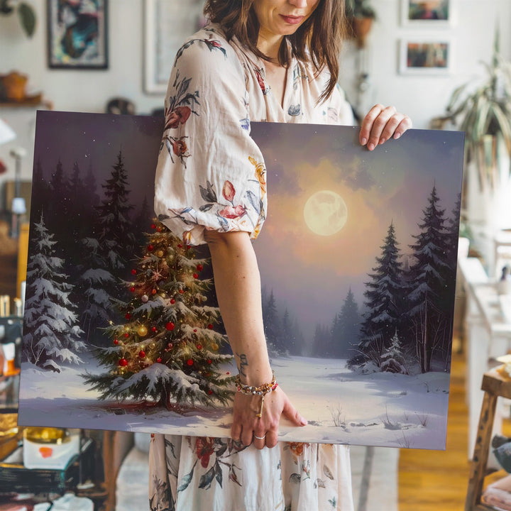 Lone Glowing Christmas Tree Canvas – Serene Winter Forest Art - Gifitto