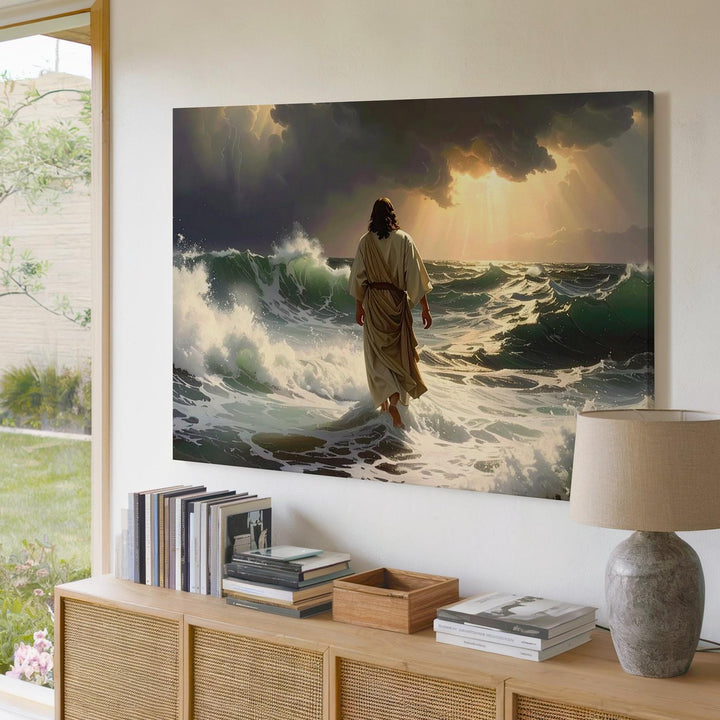 Walking on Water Canvas – Cinematic Storm Scene of Faith and Divine Strength - Gifitto