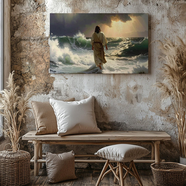 Walking on Water Canvas – Cinematic Storm Scene of Faith and Divine Strength - Gifitto
