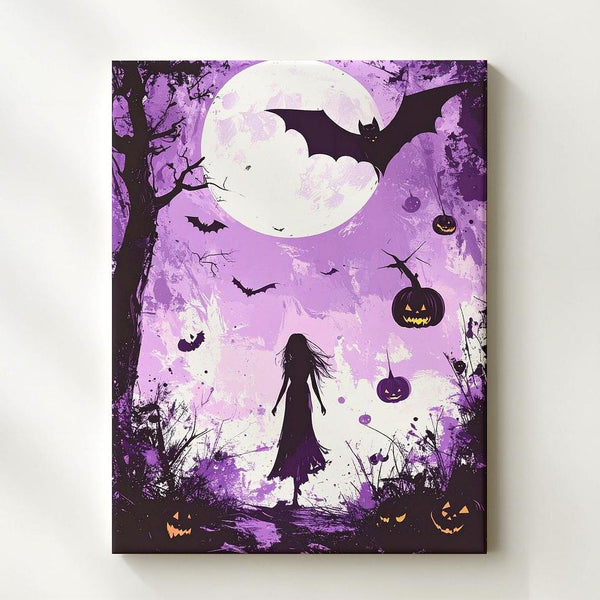 Violet Forest Walk Canvas – Surreal Moon & Floating Jack-o’-Lanterns Art - Gifitto